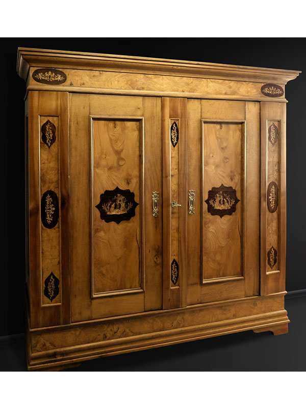Biedermeier Hochzeitsschrank, Eiche-Kirsch-Esche mit Marketeriebildern