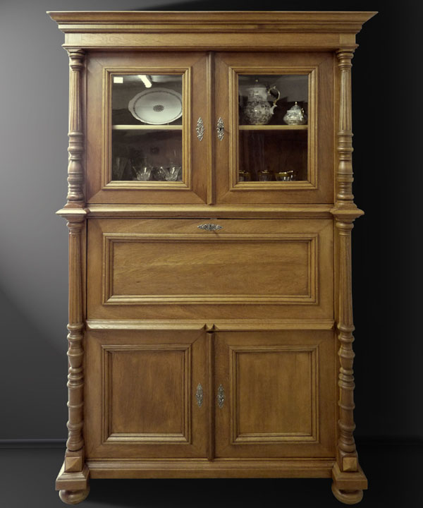 Gründerzeit Aufsatzsekretär Eiche mit Vitrinenteil Säulenpilaster