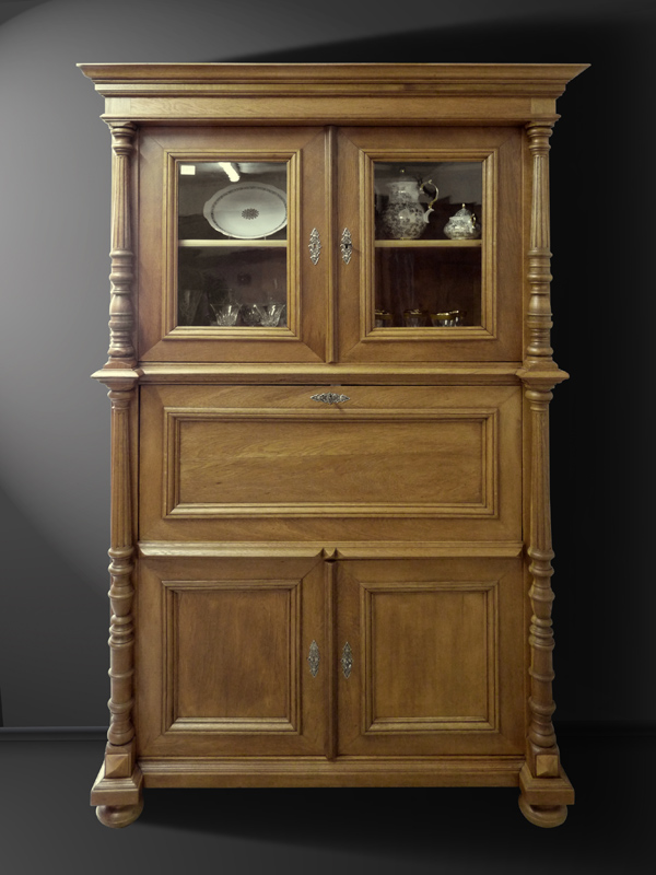 Gründerzeit Aufsatzsekretär Eiche mit Vitrinenteil Säulenpilaster