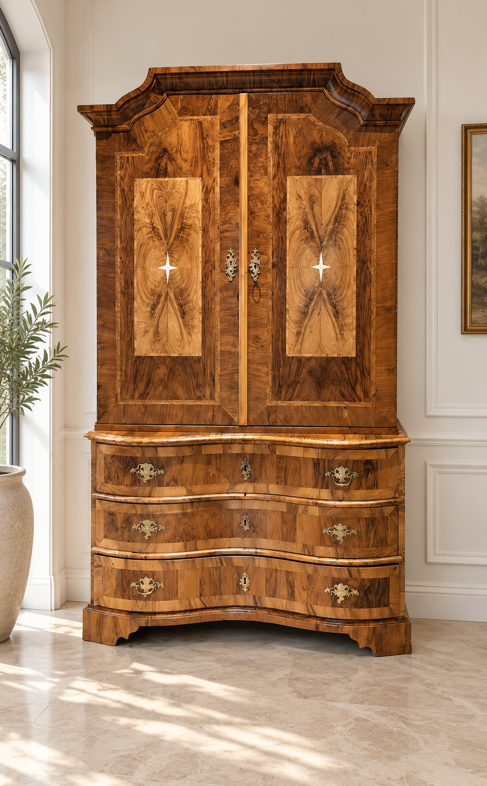 Barock Aufsatzkommode Nussbaum mit Einlegearbeiten aus Elfenbein