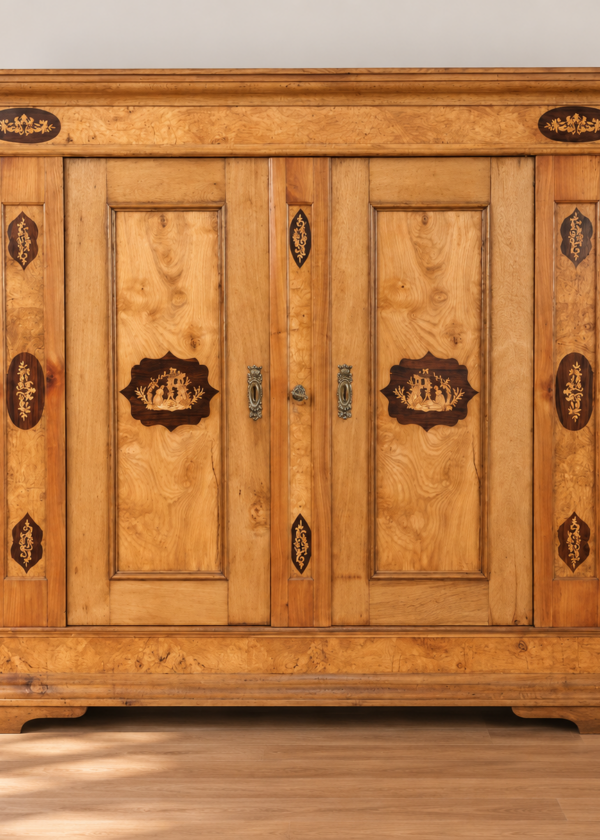Biedermeier Schrank, Eiche-Kirsch-Esche mit Marketeriebildern
