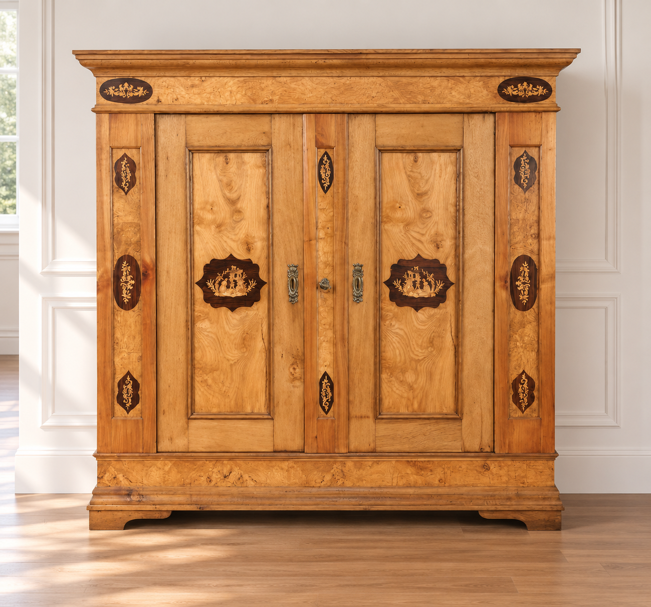 Biedermeier Schrank, Eiche-Kirsch-Esche mit Marketeriebildern