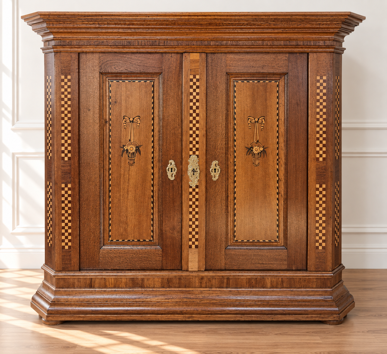 Marburger Hochzeits-Schrank Eiche mit Intarsien Klassizismus