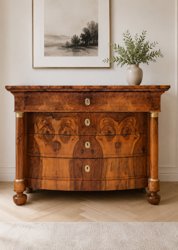 Biedermeier Säulen Kommode / Schreibkommode Nussbaum