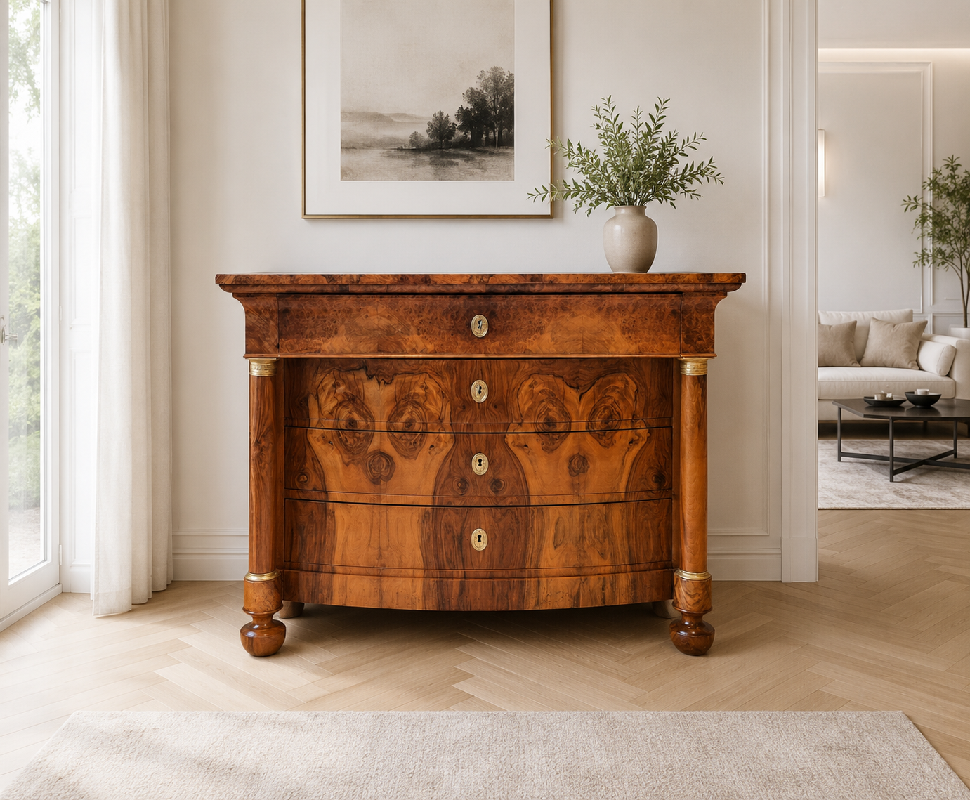Biedermeier Säulen Kommode / Schreibkommode Nussbaum
