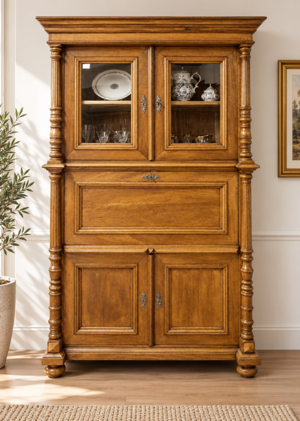 Gründerzeit Aufsatzsekretär Eiche mit Vitrinenteil Säulenpilaster