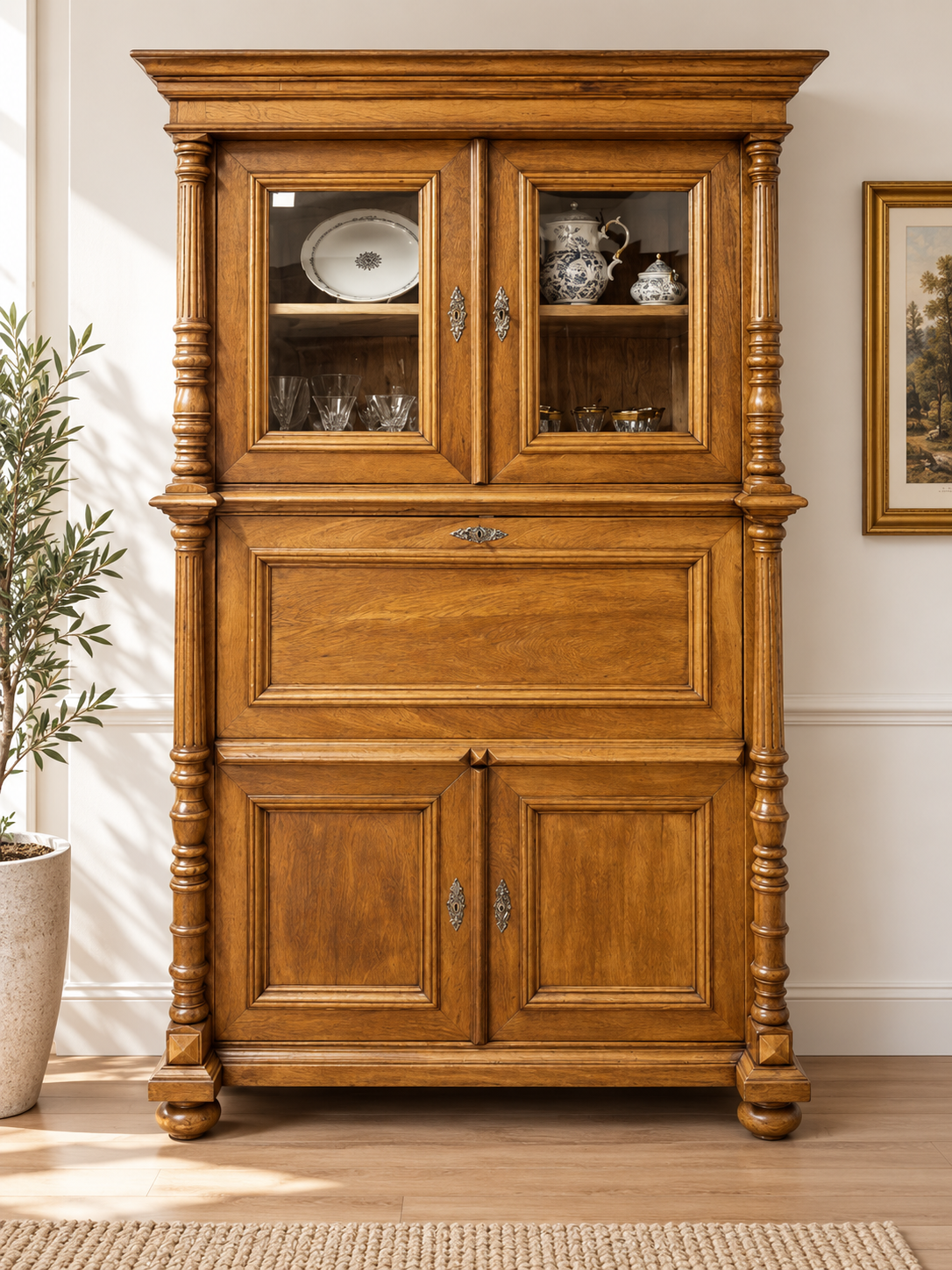 Gründerzeit Aufsatzsekretär Eiche mit Vitrinenteil Säulenpilaster