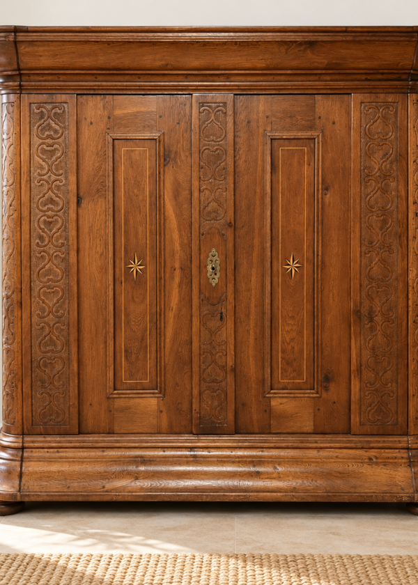 Marburger Eiche-Barockschrank Schnitzereien und Intarsien