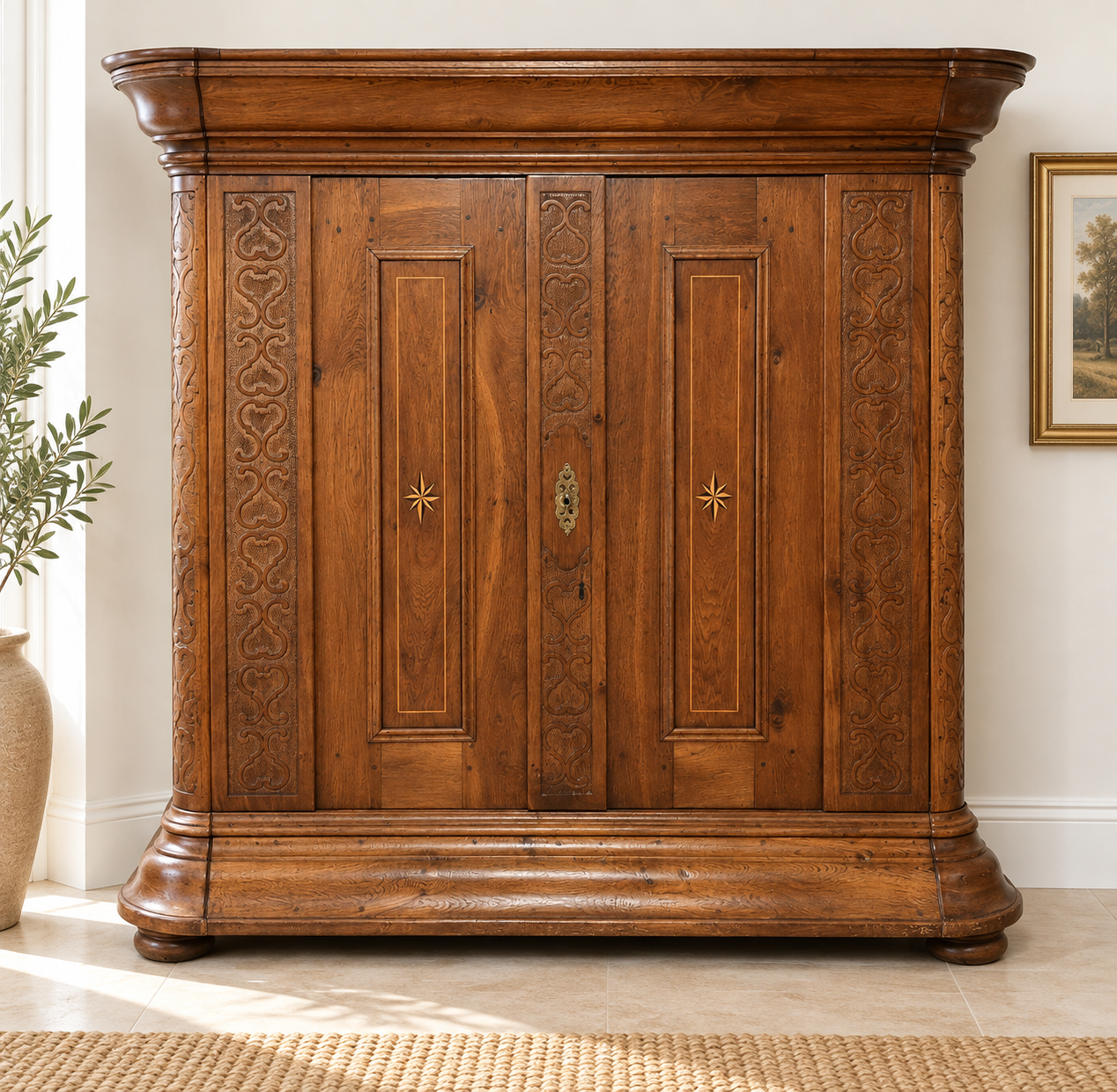 Marburger Eiche-Barockschrank Schnitzereien und Intarsien