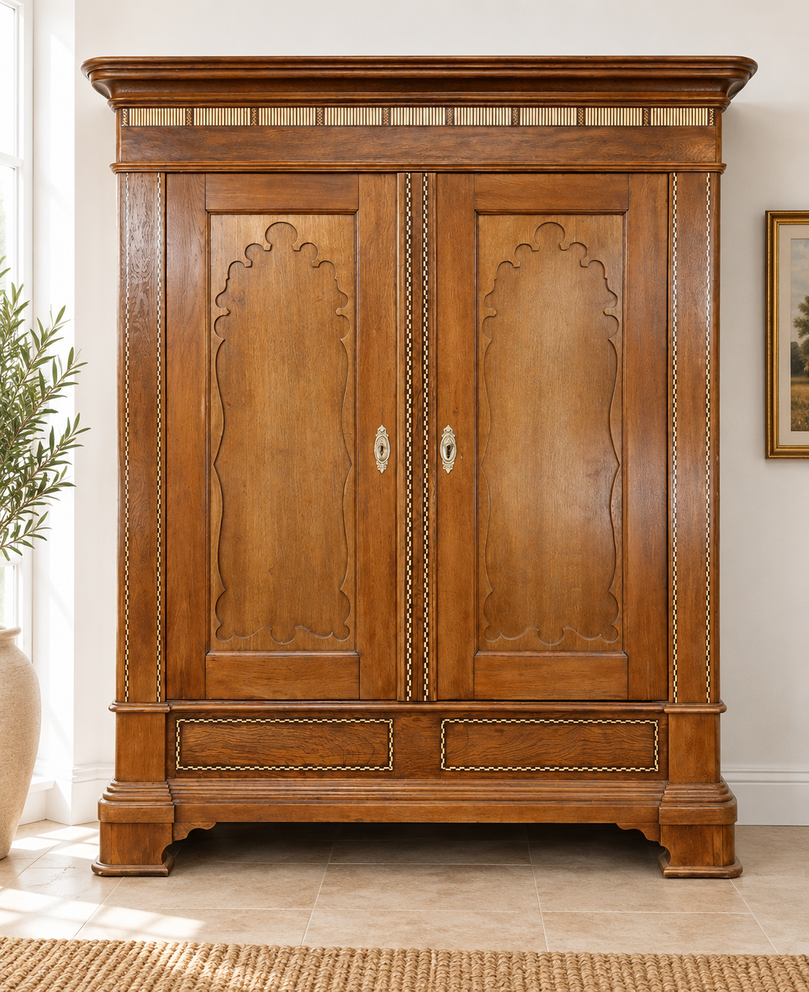 Biedermeier Eicheschrank mit Intarsienbändern