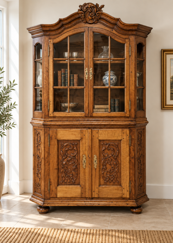 Bergische Aufsatz Vitrine Eiche mit Schnitzereien um 1750
