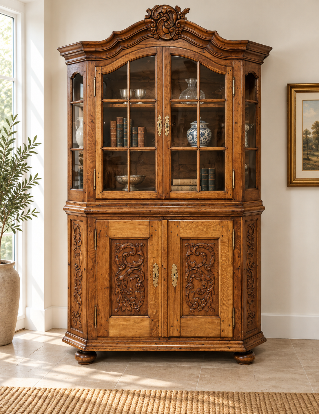 Bergische Aufsatz Vitrine Eiche mit Schnitzereien um 1750
