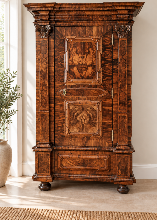 Frankfurter Pilasterschrank Barock eintürig Nussbaum Querfurniert um 1730
