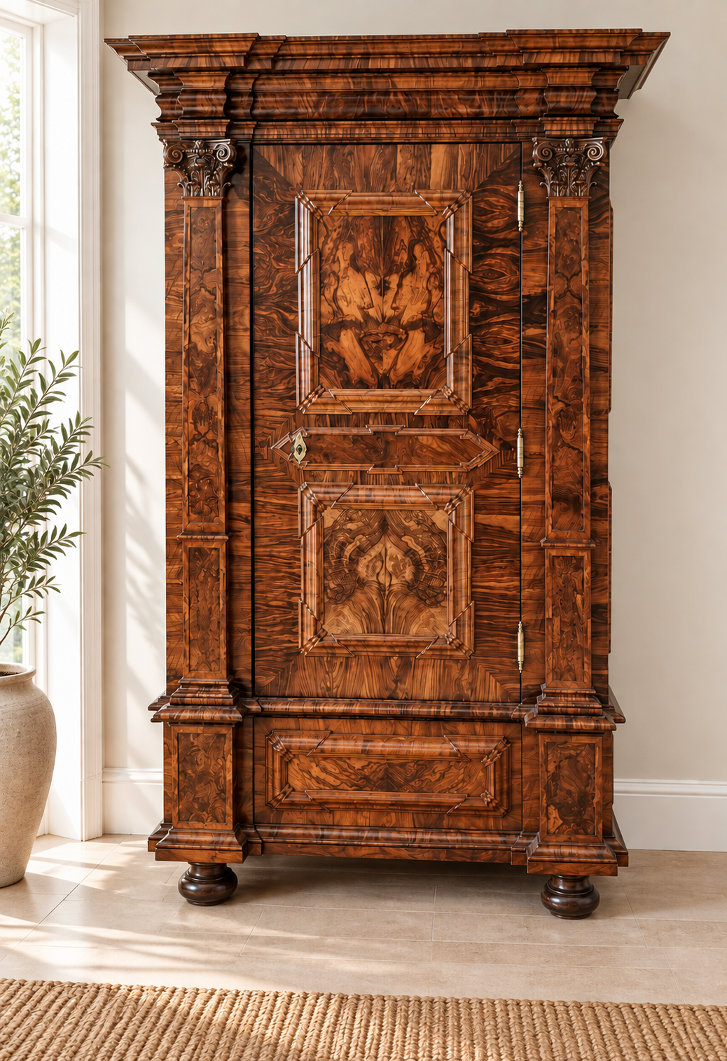 Frankfurter Pilasterschrank Barock eintürig Nussbaum Querfurniert um 1730