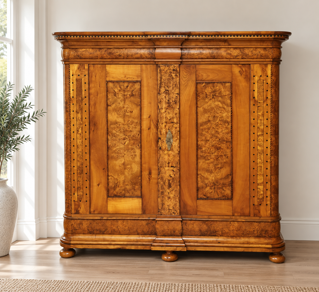 Biedermeier Kirschbaum Schrank / Hochzeitsschrank mit Intarsien