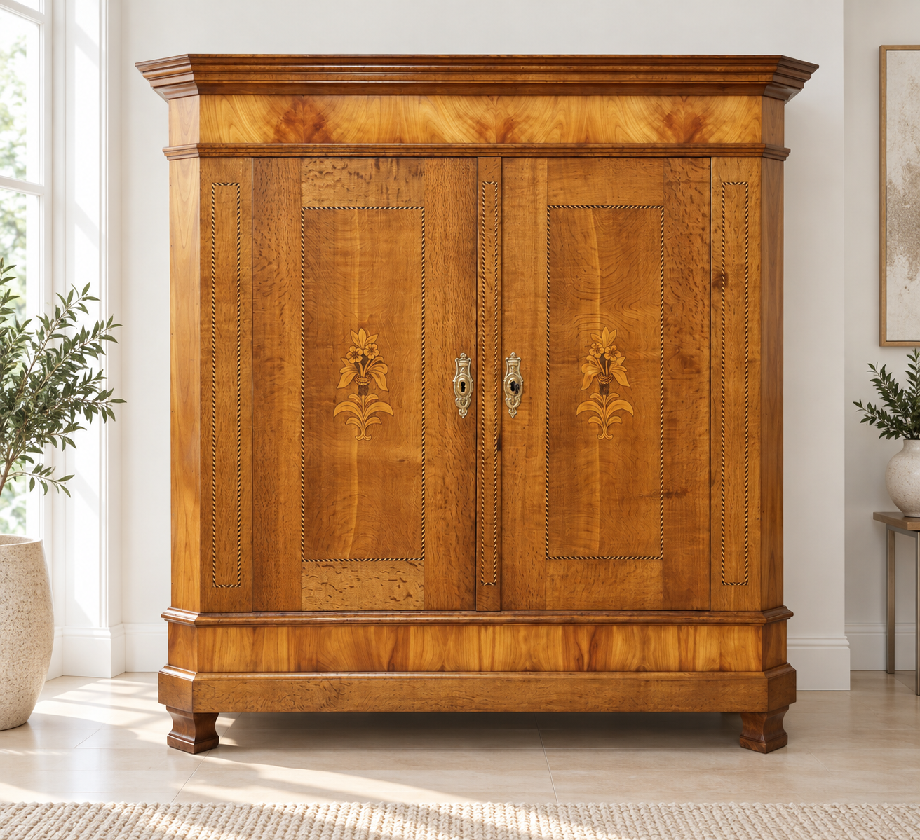 Klassizismus Schrank Eiche / Kirsch mit Intarsien Marburg um 1840