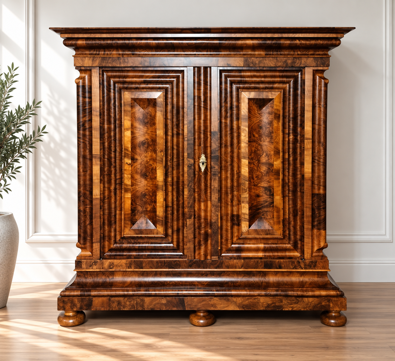 Züricher Nasenschrank / Wellenschrank Barock Nussbaum Querfurniert
