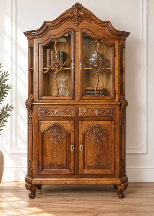 Bergische Aufsatz Vitrine Eiche mit Schnitzereien um 1740