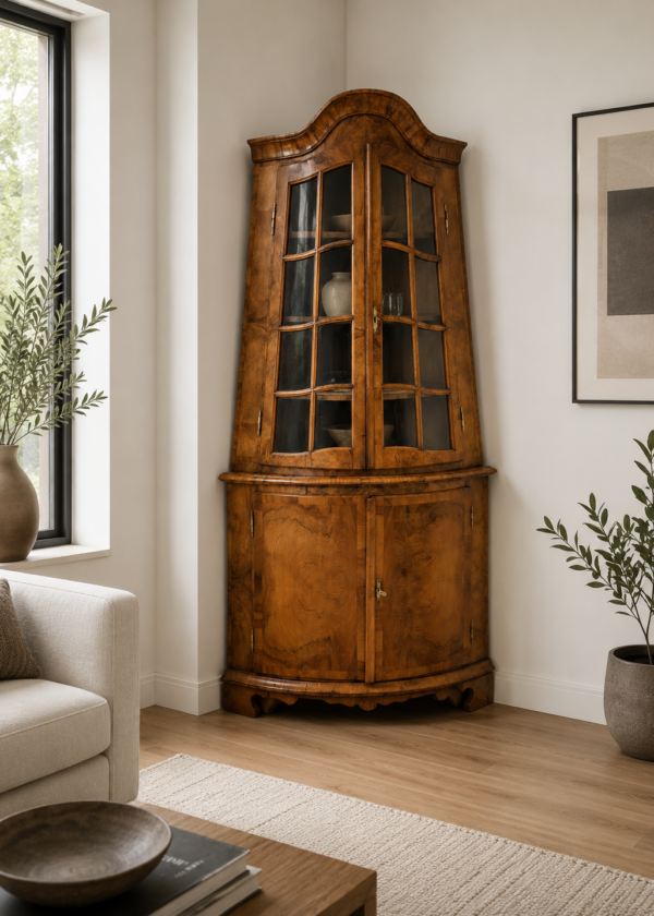 Barock Eckvitrine / Eckschrank Nussbaum 18 Jahrhundert