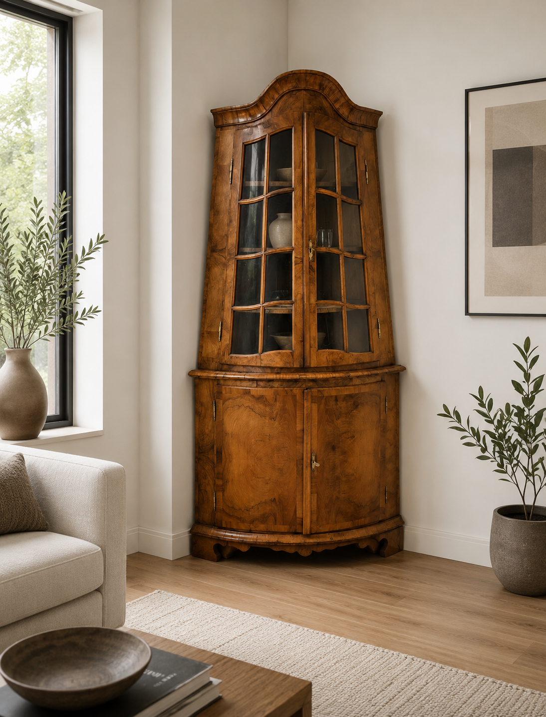 Barock Eckvitrine / Eckschrank Nussbaum 18 Jahrhundert