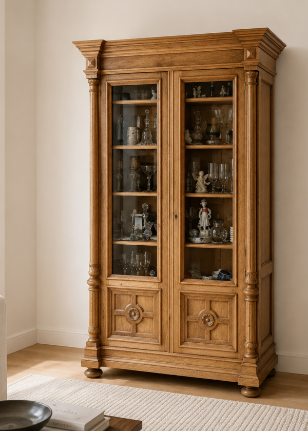 Eiche Gründerzeit Säulen Vitrine um 1880