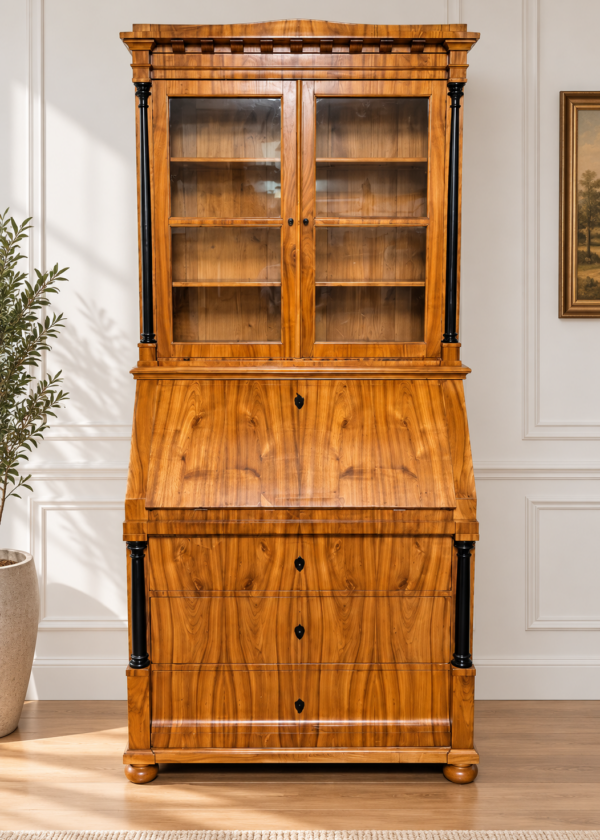 Biedermeier Sekretär / Aufsatz Schrank Vitrine Kirschbaum