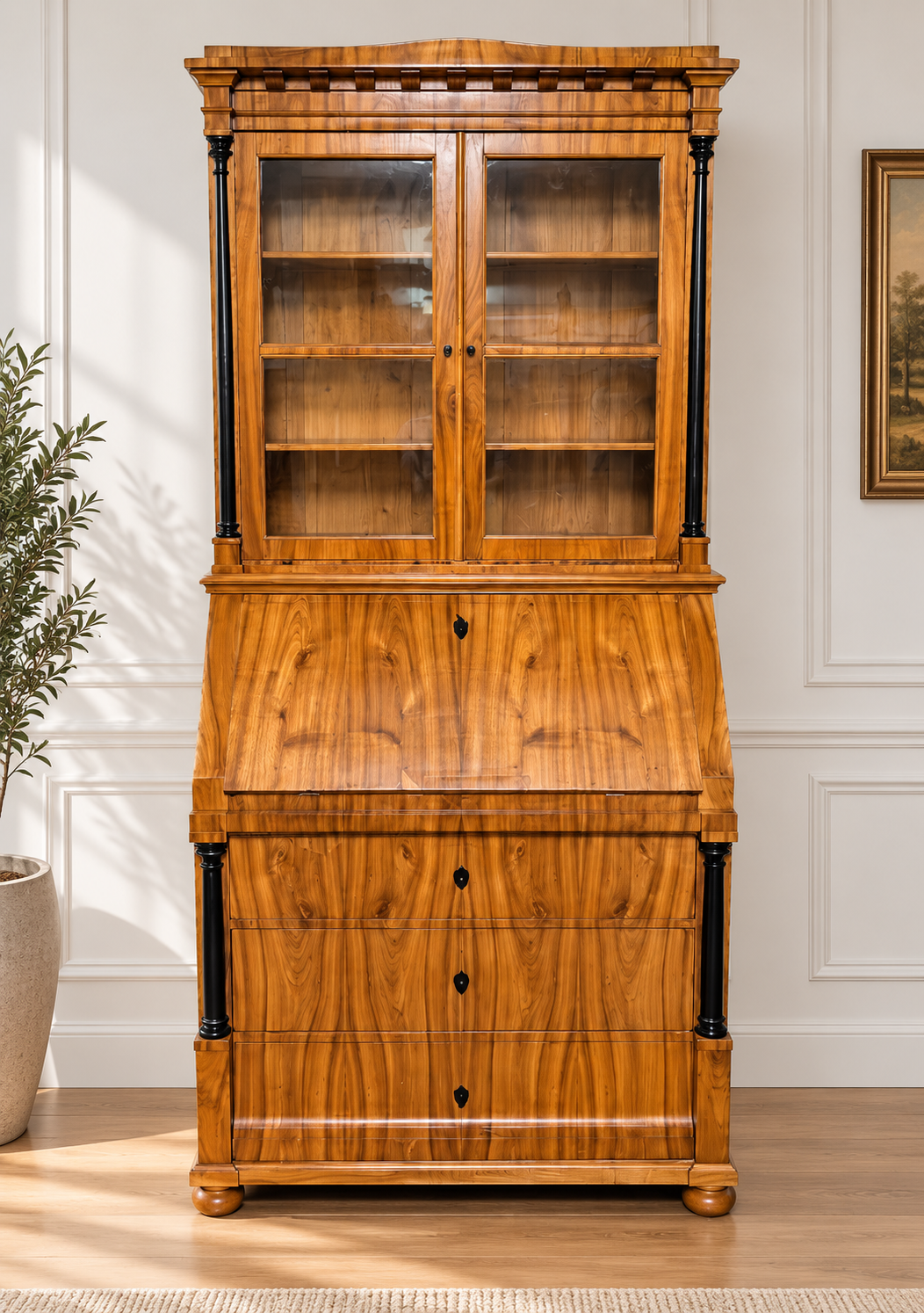 Biedermeier Sekretär / Aufsatz Schrank Vitrine Kirschbaum