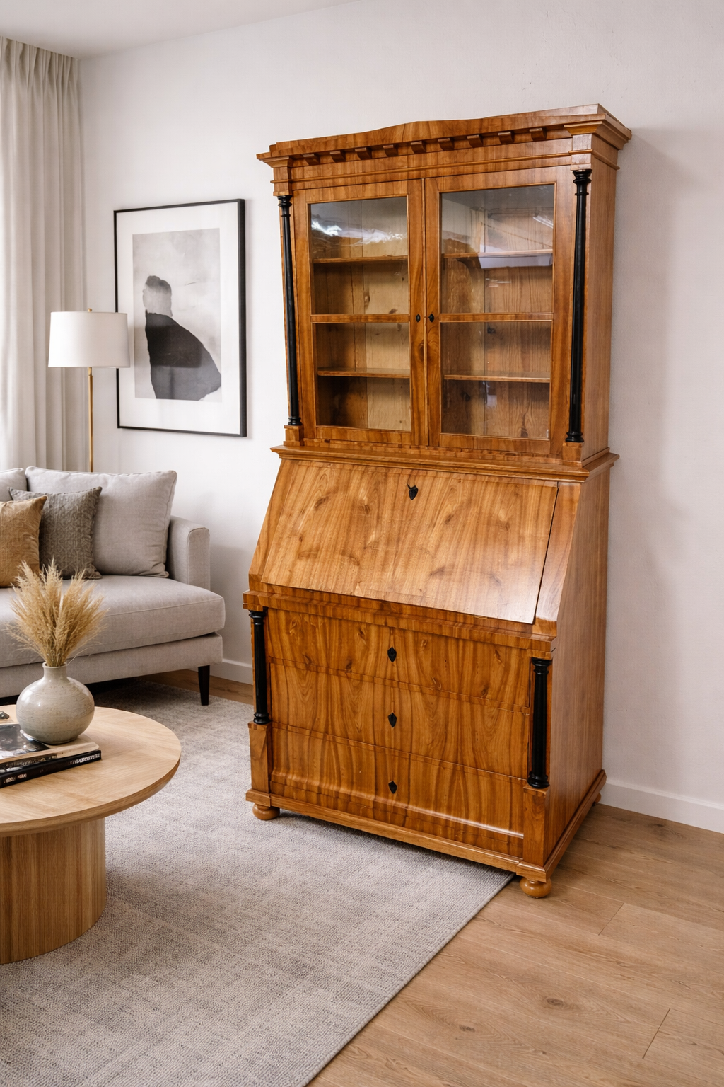 Biedermeier Sekretär / Aufsatz Schrank Vitrine Kirschbaum