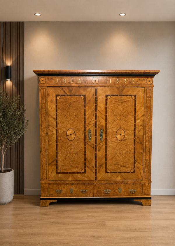 Biedermeier Hochzeitsschrank Esche / Intarsien Schrank